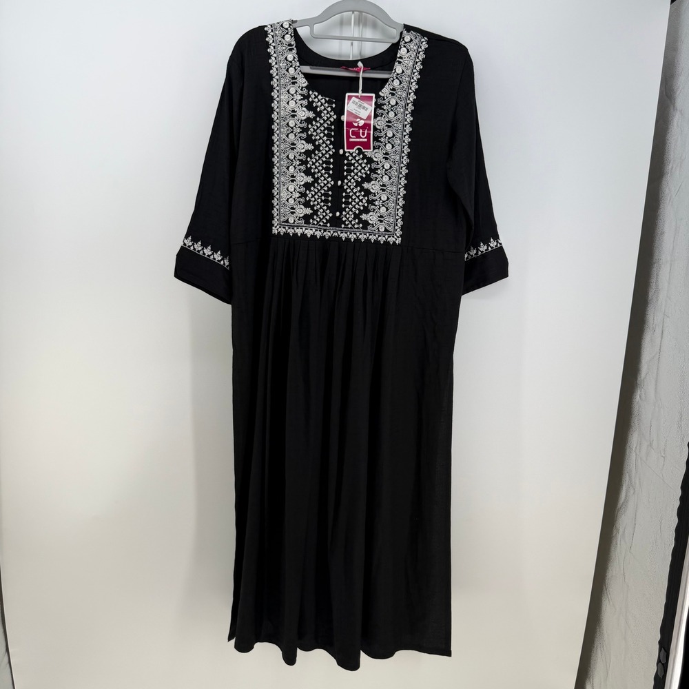 CU Breathe Fashion Kurti Tunic Dress Womens XL Black Embroidered Boho Ethnic NWT